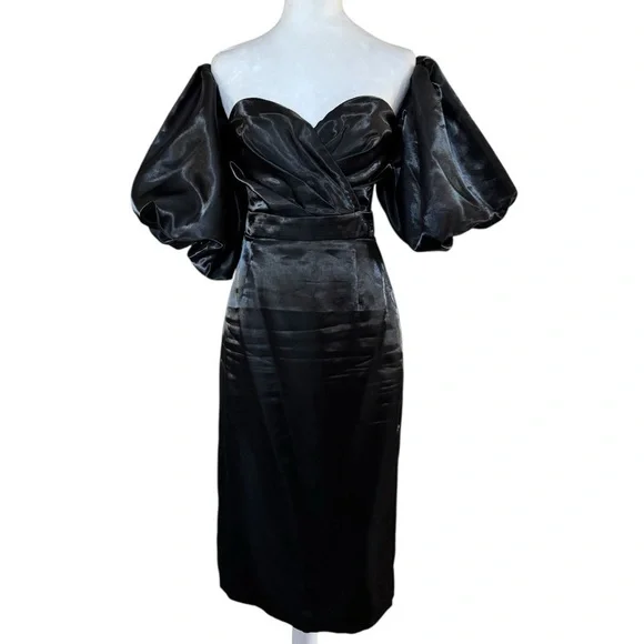 Beulah Style Black Off Shoulder Satin Midi Dress Puff Sleeves - Picture 3 of 16